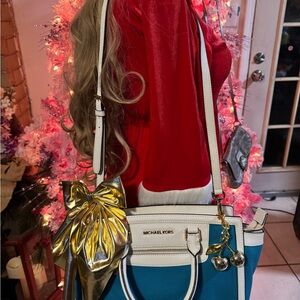 Michael Kors Blue and White Satchel with Gold Details